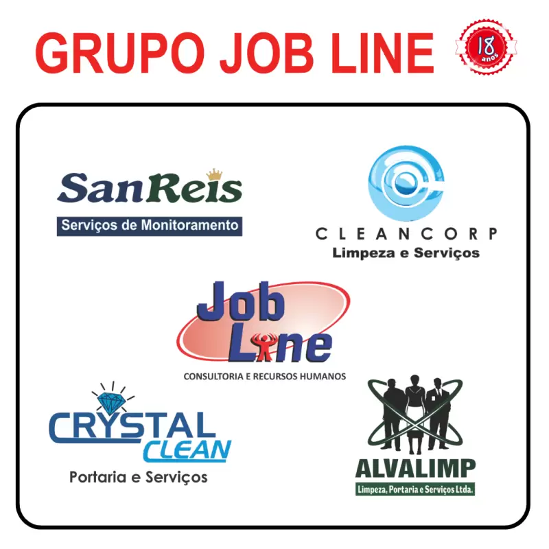 logo Grupo Job Line com selo de 18 anos